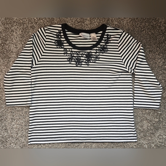 Alfred Dunner Tops - Alfed Dunner Striped Black and White Top Embroidery Petite Small Grandmacore